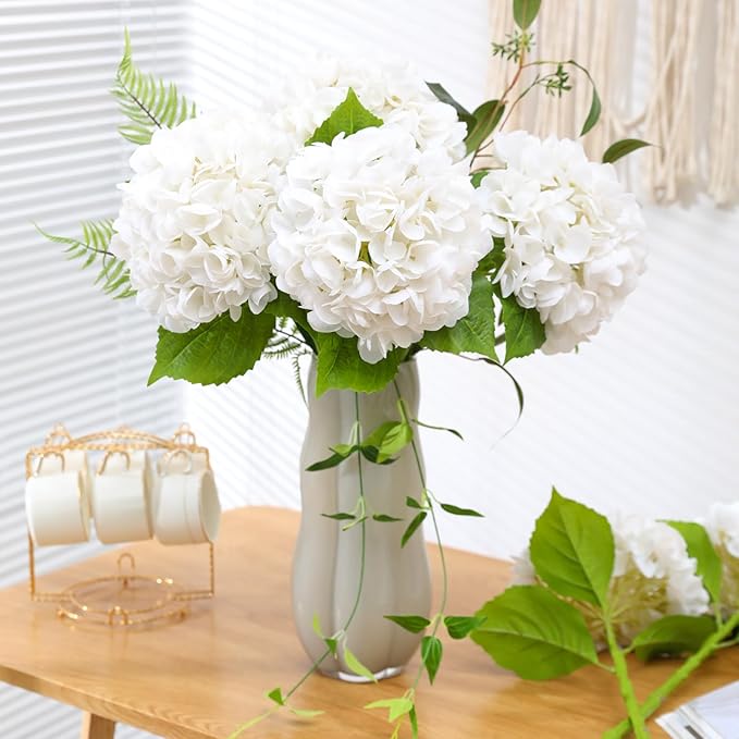 Nubry 22.44In White Hydrangea Artificial Flowers,4Pcs Latex Faux Real Touch Large Hydrangea Flowers with Long Stems & Leaves for Home Office Decor Wedding Party Arrangements(White)