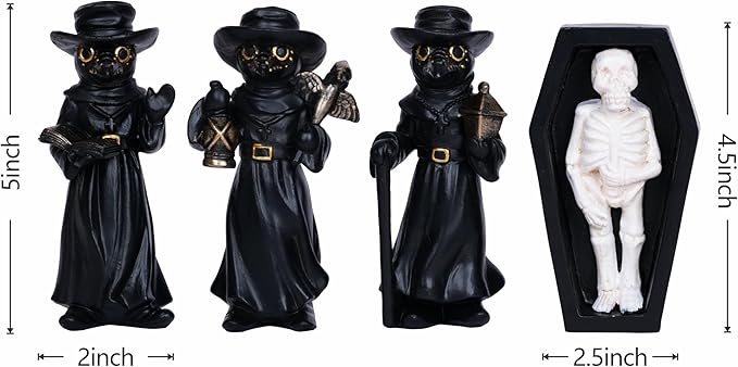 4Pcs Halloween Plague Doctor Figurine with Light-Up Skeleton in Coffin – Mini Gothic Resin Halloween Decorations for Tabletop, Mantel, Indoor Display Gifts for Indoor Home Decor