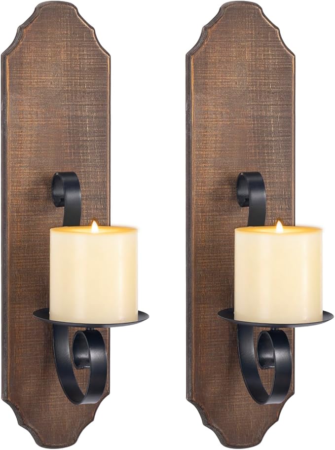 ZOOYOO Black Metal and Wooden Wall Sconce Candle Holders, Elegant Swirling Iron Wall Candle Sconce Holders, Black Hanging Wall Sconce Candle Holders, Set of 2