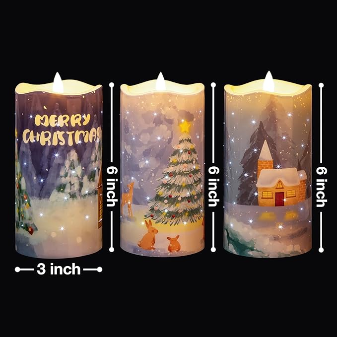 Eywamage Fiber Optic Flameless Candles with Remote, Flickering Battery Operated Christmas LED Pillar Candles Set of 3
