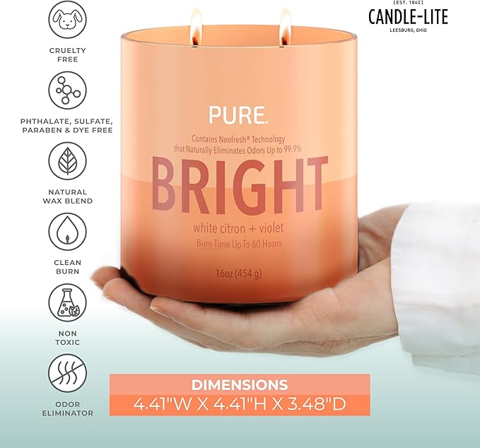 Candle-Lite Pure White Citron & Violet Odor Eliminating Scented Candles, Neofresh Technology Eliminates 99.9% of Odors, 16 oz 2-Wick Jar, Proudly Poured in The USA, Up to 60 Hours Burn Time