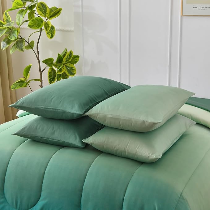 King Size Comforter Set - 7 Pieces Soft Sage Green Bed in a Bag with Fitted Sheet, Flat Sheet, 2 Pillow Shams, and 2 Pillowcases - Warm Bed Set for All Season