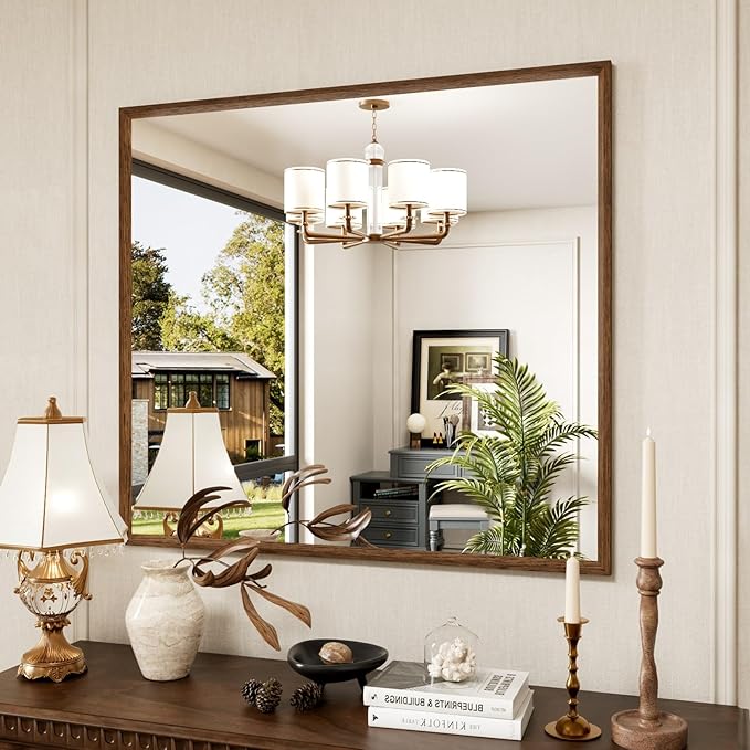 Rectangle Bathroom Mirror 40x36 Inch, Walnut Wood Grain Framed, Anti-Rust & 4mm Tempered Glass, Horizontal/Vertical Hanging Vanity Mirror for Bathroom & Bedroom