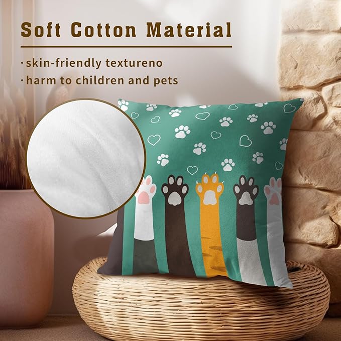 Paw Print Throw Pillow Cover - Colorful Dogs Cat Paws Pillow Covers 20x20 Inches Set of 2 Pillowcases Pet Footprint Cushion Cover for Sofa Home
