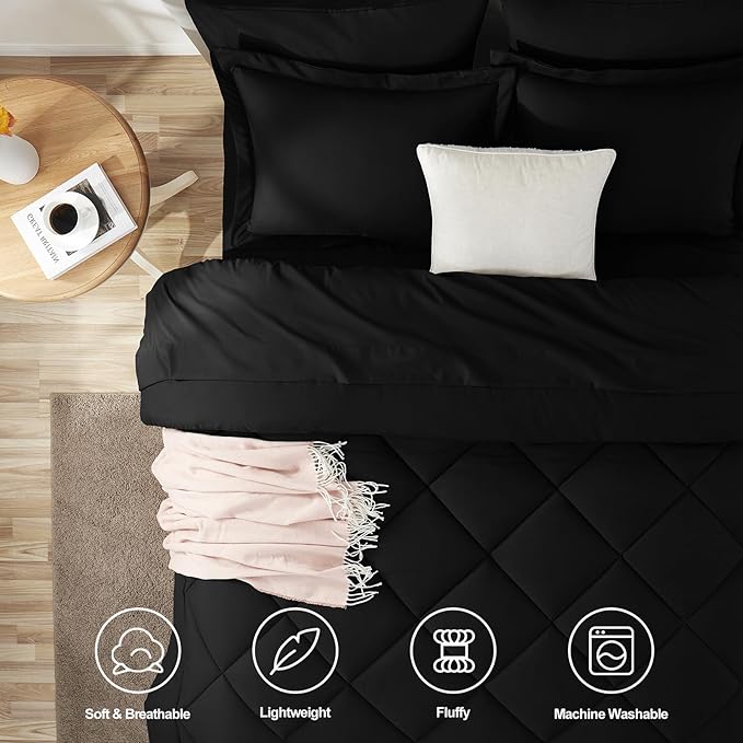 CozyLux Queen Comforter Set Black - Bed in a Bag Queen Size 7 Pieces, Luxury Soft Bed Set for All Seasons, Bedding Set with Down Alternative Comforter, Sheets, Pillowcases & Shams