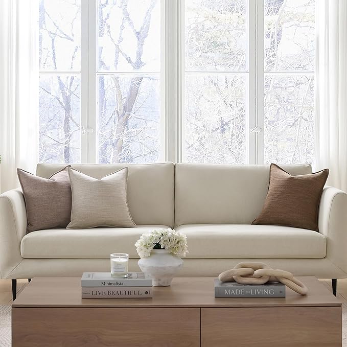 Meekio Set of 2 Taupe Brown Pillow Covers 20x20, Linen Look Throw Pillow Covers with Flange Edge for Sofa Couch Living Décor