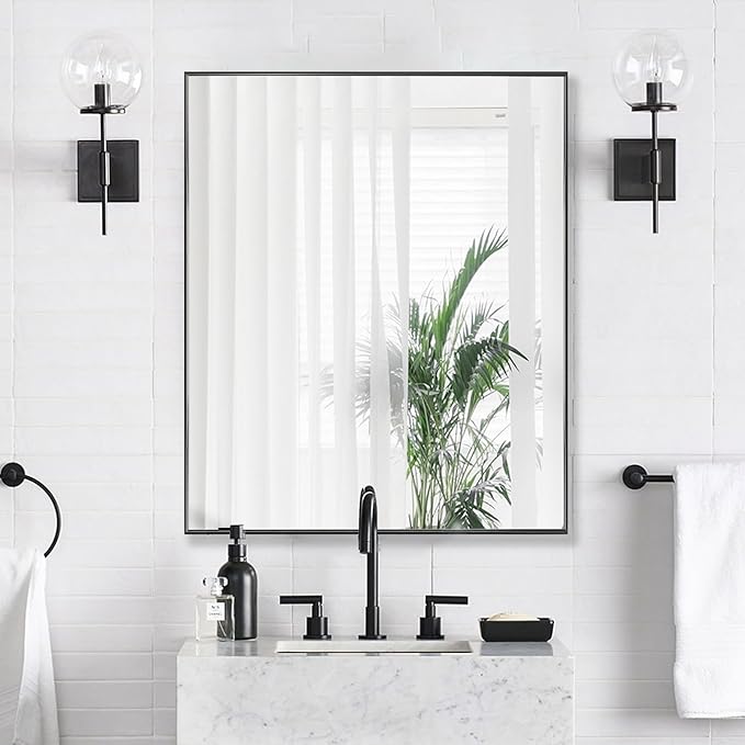 24x32 Inch Black Bathroom Mirror for Wall, Aluminum Frame Rectangle Rectangular Vanity Mirror, Modern Large for Bedroom, Living Room, Horizontal or Vertical