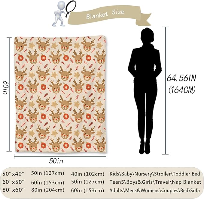 Christmas Reindeer Blanket, Soft Lightweight Flannel Cute Reindeer Faces Throw Blanket for Couch, Bed, Travel & Holiday Decor Gifts, Cozy Warm Fuzzy Festive Blankets for Adults Women Kids 60×50 in