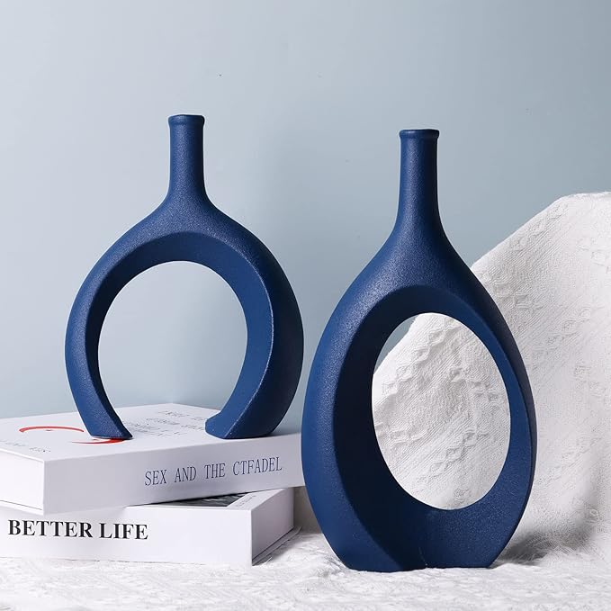 Navy Blue Unique Hollow Bud Vases Set of 2,Modern Snuggle and Huging Style Ceramic Vase for Pampas Grass,Living Room Decorations for Fireplace,Coffee Table Centerpiece,Mantle,Bookshelf Decor