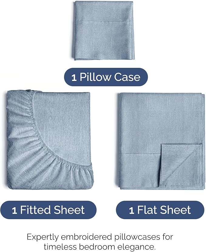 Twin Size 3 Piece Sheet Set - Comfy Breathable & Cooling Bed Sheets Set - Hotel Luxury Bedding for Women, Men, Kids, Teens, Boys & Girls - Deep Pockets, Soft & Wrinkle Free - Blue (Heathered Sheets)
