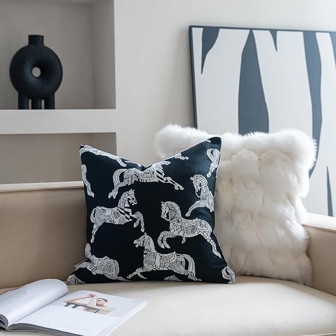 Premium Throw Pillow Covers 20x20 Inches - Black Palace White Horse Chenille Jacquard Embroidery Decorative Couch Pillow Covers for Living Room Bedroom Sofa Home Décor