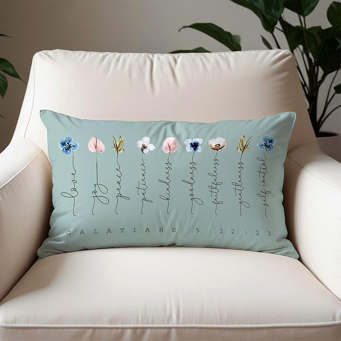 Fruit of The Spirit Bible Verse Pillow Covers 12x20, Boho Floral Christian Throw Pillow Covers for Home Office Church Decor, Christian Gifts for Women, Faith Based Gifts(Blue Grey)