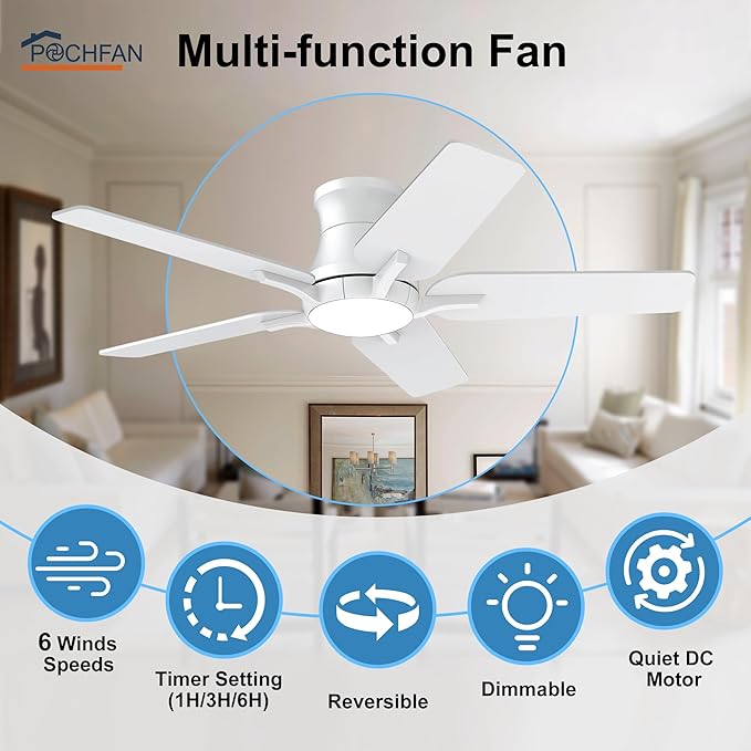 42 Inch White Ceiling Fans with Lights and Remote, Flush Mount Low Profile Ceiling Fan for Bedroom, Living Room, Patio, Dimmable 6 Speeds Noiseless Reversible, ETL Listed