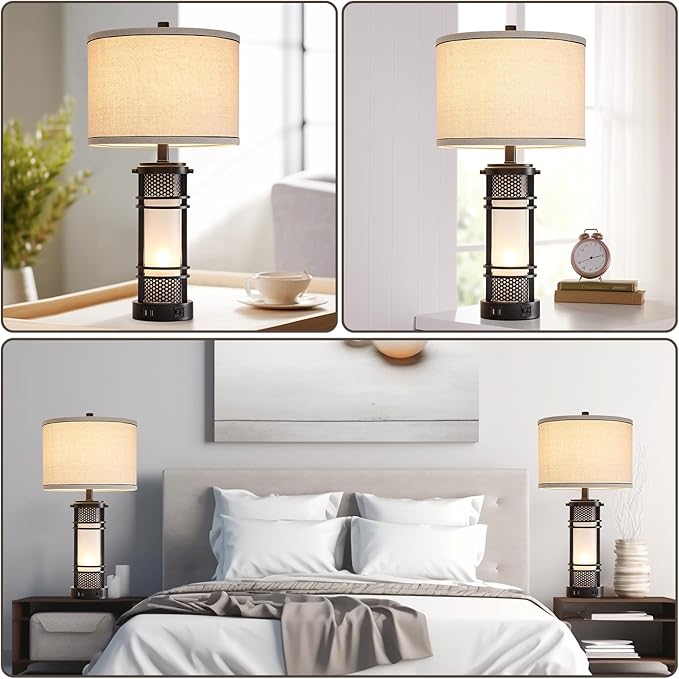 Set of 2 Modern Table Lamps for Living Room, Contemporary Nightstand Lamp with Dual USB Port, Bedside Lamps with White Frosted Glass Night Light for Bedroom, 4 Bulbs Included (Black)