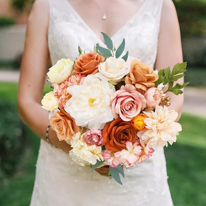 AmyHomie Champagne Artificial Flowers Combo Silk Mix Peony Rose Hydrangea Fake Flowers w/Stem for DIY Wedding Bouquets Centerpieces Arrangements Table Party Bridal Baby Shower Home Fall Decor