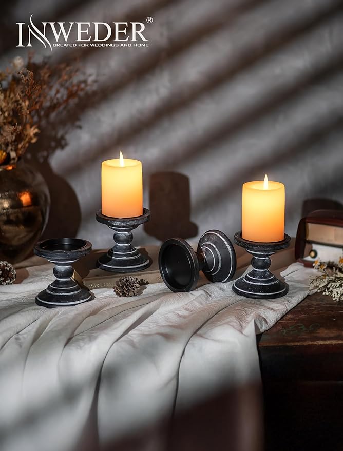 Wood Pillar Candle Holder: 2Pcs Rustic Black Candle Holders for Pillar Candles Wood Candle Holders Distressed Wooden Farmhouse Candle Holder Large Rustic Candle Holder for Fireplace Table