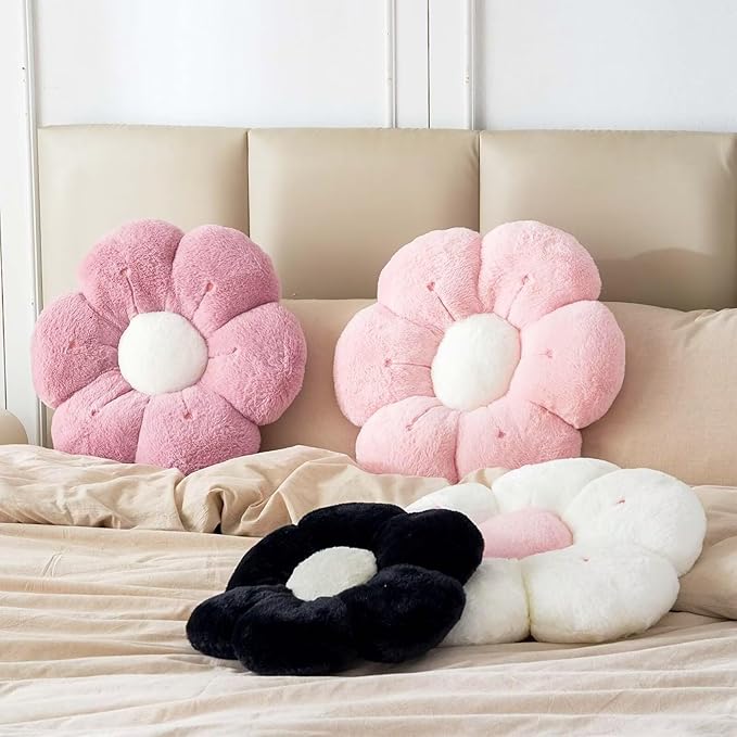 Flower Pillow, Cute Flower Shaped Decorative Pillow, Soft Rabbit Fur Daisy Pillow Home Decor Floor Seating Cushion for Bedroom Living Room (White 14.9 Inch)