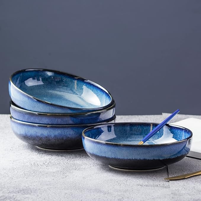 UNICASA Ceramic Pasta Bowls, Porcelain Salad Set of 4, 26 oz for Kitchen, Large Serving, Reactive Glaze Dish, Microwave and Dishwasher Safe, Blue