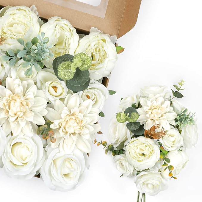 AmyHomie Ivory Artificial Flowers Combo Silk Mix Peony Rose Hydrangea Fake Flowers w/Stem for DIY Wedding Bouquets Centerpieces Arrangements Table Fall Decor Party Bridal Baby Shower Home Decorations