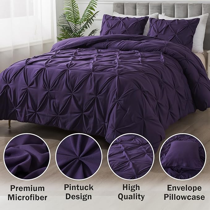 Andency Purple King Size Comforter Set, 3 Pieces Pintuck Lightweight Soft Bedding Comforters & Sets, All Season Microfiber Down Alternative Bed Comforter Set