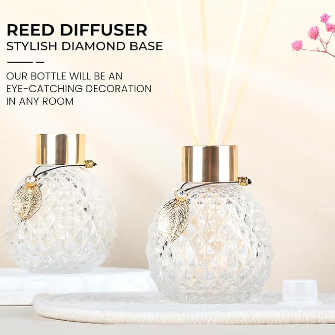 4Pcs Reed Diffuser Set with Metal Golden Decoration, 3.5oz Empty Reed Diffuser Bottles with 20Pcs Reed Diffuser Sticks, Unique Design Bottles for Home and Office(Spiky Ellipsoidal)
