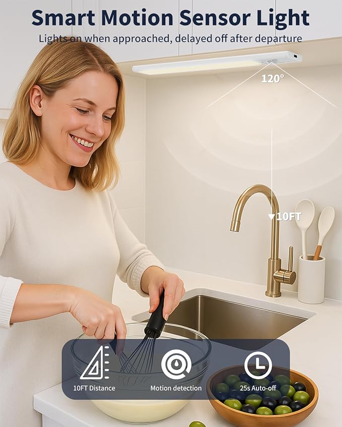 FBY Under Cabinet Lighting,1800mAh USB Rechargeable Closet Light, 8-Inch LED Motion Sensor Indoor, 3-Level Adjustable Brightness and 3 Color Temperature Options (3Pack)