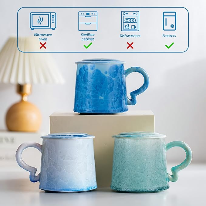 Coffee Mug with Lid, Porcelain Tea Cups Set of 2, 11oz Covered Crystalline Glaze Espresso Mugs, Ceramic Demitasse for Coffee, Cappuccino, Latte, Americano, Tea, Water (Deep Blue and Light Blue)