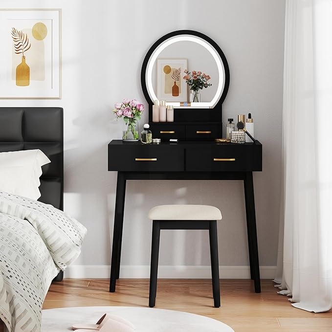 CHARMAID Vanity Desk with Mirror and Lights, Modern Makeup Vanity Table with 4 Drawers, 3-Color Dimmable LED Mirror, Girls Dressing Table and Stool Set for Small Bedroom (Black)