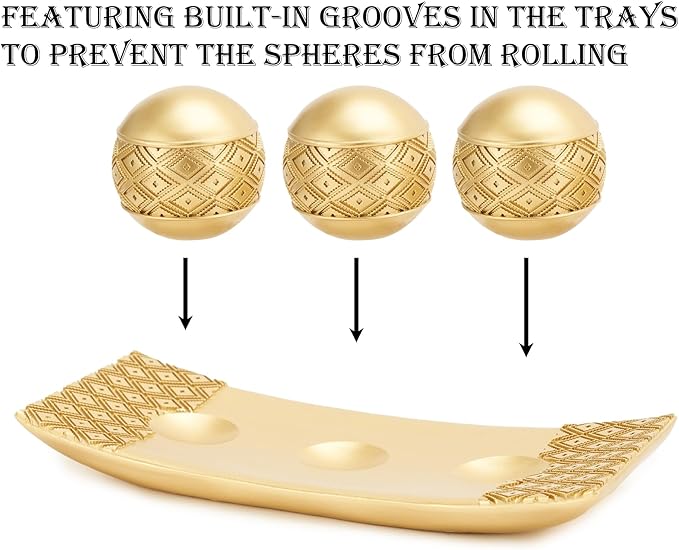 Gold Spheres Orbs Set of 3 with Tray for Centerpiece Table Decoration, Golden Accent Center Piece for Home Dining Room Table Centerpiece Decoration