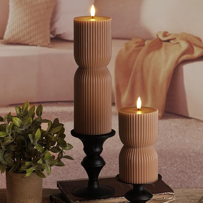 Brown Ribbed Flameless Pillar Candles with Remote, Real Wax Flickering Fall Battery LED Candles Set of 2
