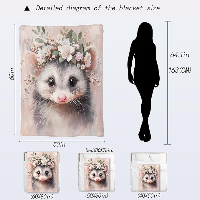 Cute Possum Blanket - Adorable Sweet Opossum Flower Crown Fleece Throw,Gifts for Kids Adult, Soft & Warm,Lightweight, for Modern Decor,Animal Lovers, and Room Home Accents 50x60in