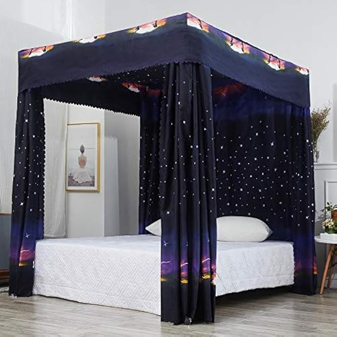 Mengersi Galaxy Star Canopy Bed Curtains Full Size,Canopy Curtains Bedroom Decoration for Girls Adults Windproof Lightproof Bed Canopies Child Gift (Black)