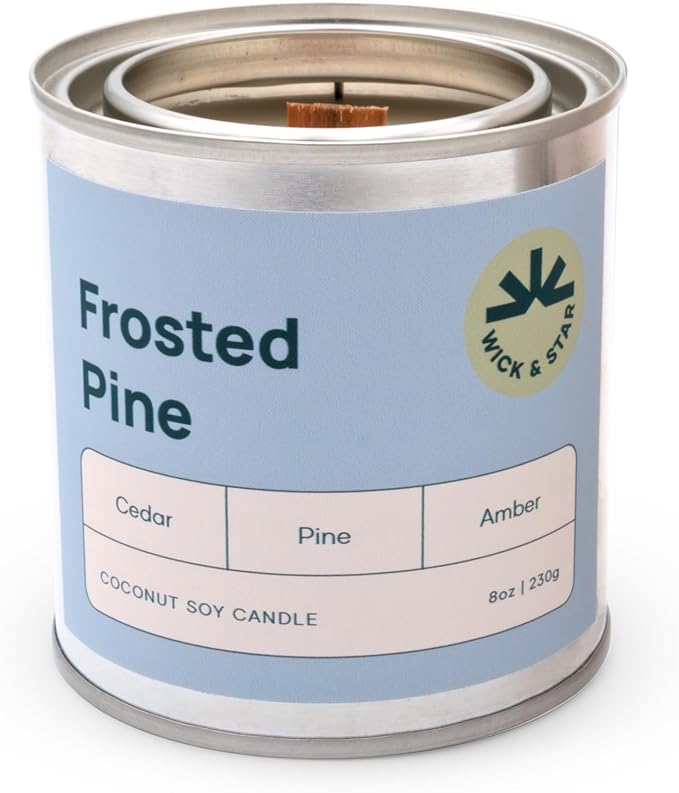 Wick & Star Vegan Non-Toxic, Wood Wick, Natural Coconut Soy Wax Aromatherapy Candle, Clean Burning (Frosted Pine)