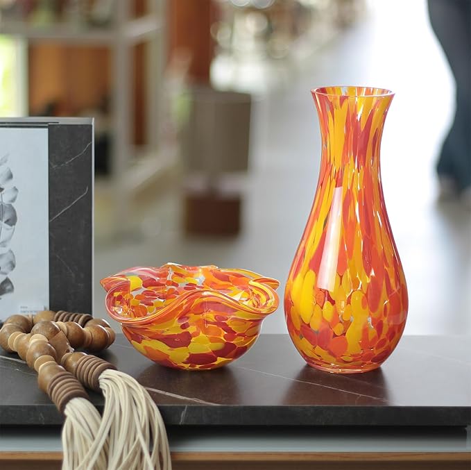 Ca D Oro Murano Style Decorative Orange Glass Bowl Confetti Effect Hand Blown Art Glass Crystal for Home, Room Decoration and Centerpiece - Waved