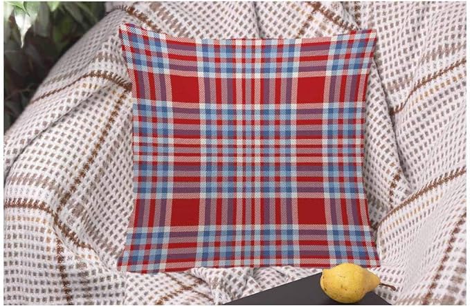 WONDERTIFY Throw Pillow Case Cover Tartan Plaid Pattern Checkered Fabric Texture Moderate Light Blue White and Bright Red Soft Linen Pillow Case for Bedroom/Livingroom/Sofa Cushion Covers 18x18 Inch
