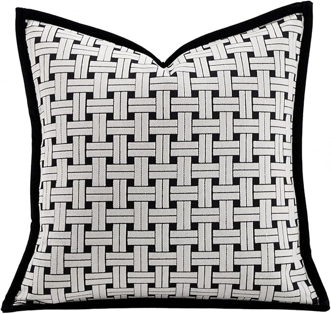 Premium Throw Pillow Covers 22x22 Inches - Black Interlaced Weave Grid Framed Chenille Jacquard Embroidery Decorative Couch Pillow Covers for Living Room Bedroom Sofa