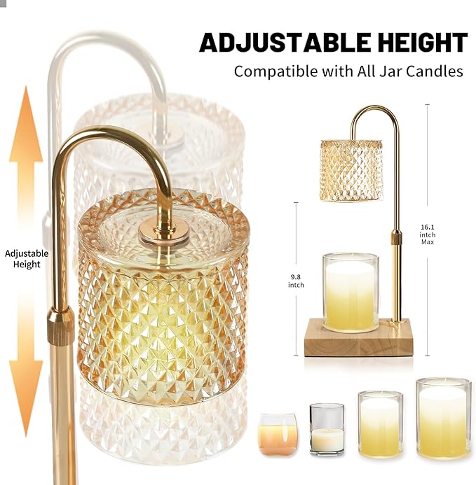 Candle Warmer Lamp, Candle Lamp Wax Warmer, Timer & Dimmer 7-Levels, Fits Cup Jar Candle, Top Melting, Crystal Heater Lamp for Scented Wax, Elegant Home Decor, Brass Glass