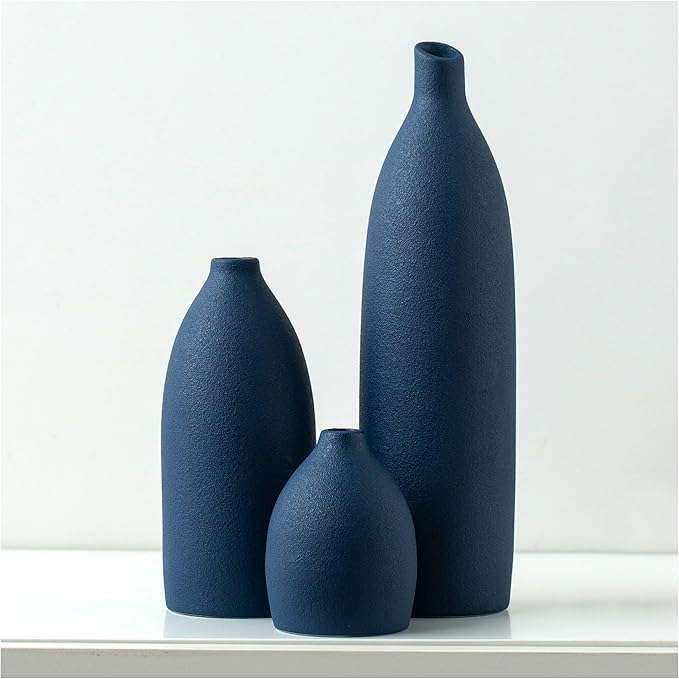 Matte Blue Vase Set Navy Blue Decor Coastal Decor Vases for Kitchen Island Living Room Office Table Fireplace Mantle Decorations & Bathroom Shelf Decor Centerpiece Table Decorations Ceramic