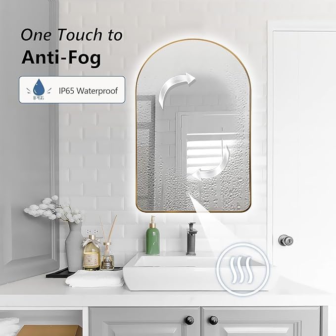Niccy Arched LED Lighted Bathroom Mirror, 40x30 Inch Backlit Vanity Bathroom Mirror with Lights Brushed Gold Framed Wall Mounted Mirrors with 3 Color Shatterproof Arch Smart Fog Free Mirror
