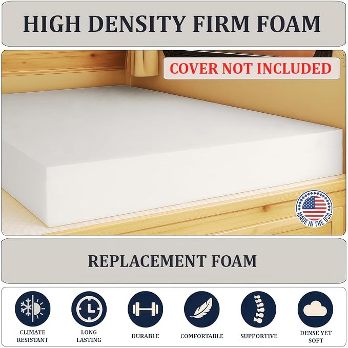 Foamma 10” x 38” x 75” Truck, Camper, RV High-Density Bunk Mattress Foam Replacement, Made in USA, Comfortable, Travel Trailer, CertiPUR-US Certified, Cover Not Included