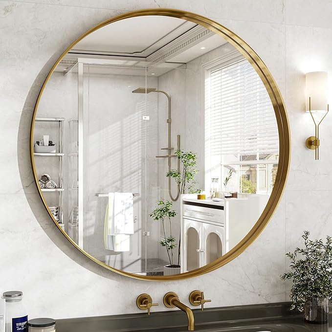 36 Inch Round Bathroom Mirror - Wall Mounted Circle Mirror with Metal Frame, Modern Mirror Suitable for Bathroom, Vanity, Entryway, Living Room, Wall Decor,Gold