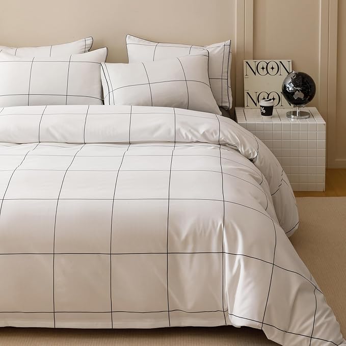 KAREVER White Grid Comforter King Women Black Square Lines Checkered Bedding Set White Plaid Comforter King Size