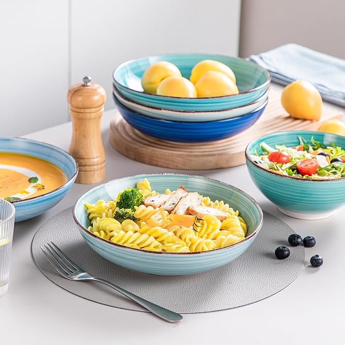 vancasso Bonita Dinnerware Set 24 Pieces Blue Stoneware Service for 6, Handpainted Spirals Pattern Stoneware Combination Set