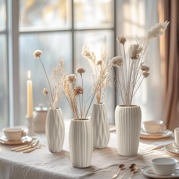 BEAHOT Ceramic Bud Vases Set of 12 - Matte Mini White Jars Bulk | Small White Ceramic Vases for Centerpieces, Wedding Floral Arrangements, DIY Crafts & Boho Table Decor (No Repeating Designs)