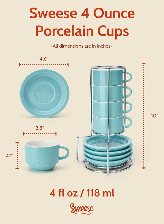 Sweese 4 Ounce Porcelain Stackable Espresso Cups with Saucers and Metal Stand Set of 4, Turquoise