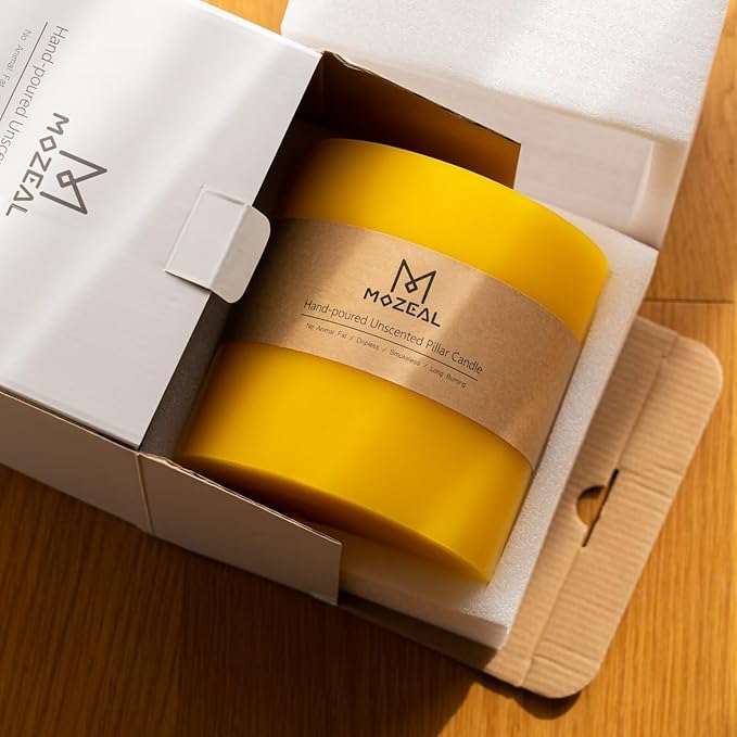 MOZEAL Extra Large 3 Wick Yellow Pillar Candle, 6" x 6", Unscented, Dripless, Smokeless, and Clean-Burning. Approx. 120 Hours of Burn Time. Perfect for Weddings, Dinners, Christmas and Home Decor
