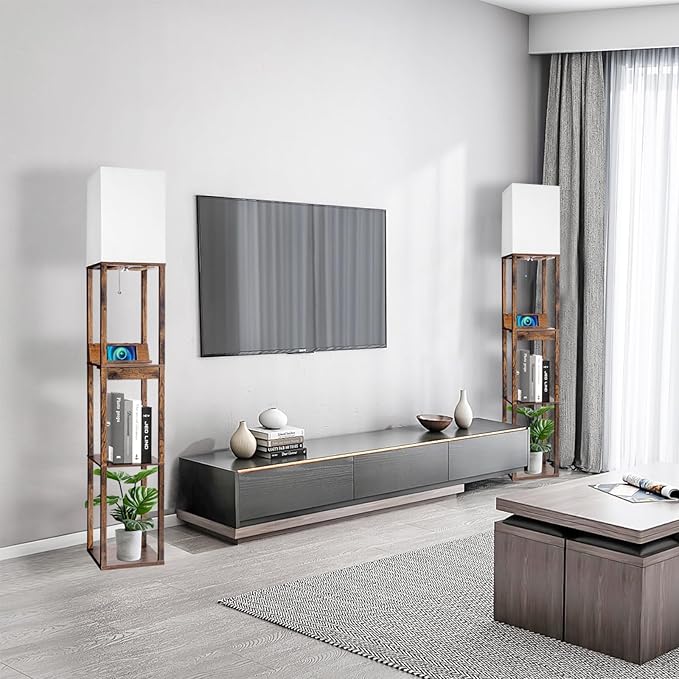 RUNTOP Floor Lamp with Shelves, Shelf Floor Lamp with Wireless Charger & 2 Charging USB Ports & Drawer, AC Outlet, 3 Color Temperature Tall Standing Lamp with Bulb for Living Room, Bedroom, Office
