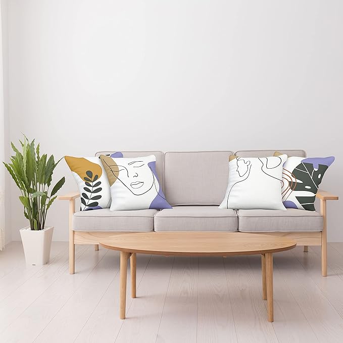Ambesonne Minimal Throw Pillow Cushion Case Pack of 4, Modern Line Art Woman Portrait with Contemporary Leafy Geometric Details, Modern Accent Double-Sided Digital Printing, 18", Tan Amber Lavender