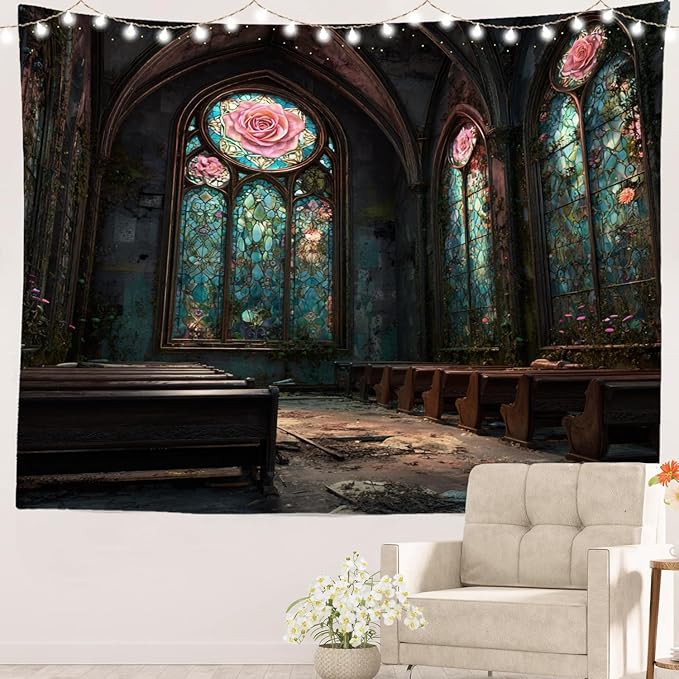 Batmerry Abandoned Chapel Tapestry, Stained Glass Roses Broken Pews Wall Art Hanging Decoration Polyester Fiber White Ruffled Around for Dorm Room Bedroom Living Room, 39.1x59.1 inches