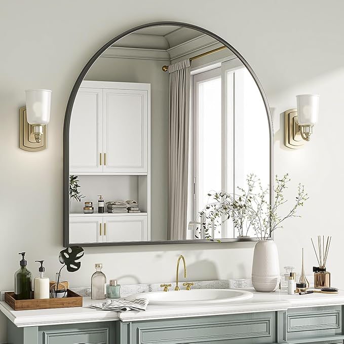 VooBang Wide Arched Wall Mirror, 31 x 32 inch Arch Bathroom Mirror, Wall Mounted Vanity Mirror with Arch Metal Frame, Modern Bathroom Vanity Mirror for Bedroom, Living Room, Hanging or Leaning, Black